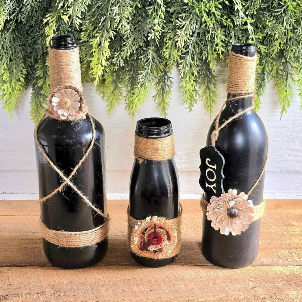 Primitive Set 3 Glass Painted Black Bottles with Jute & Burlap Flowers Farmhouse